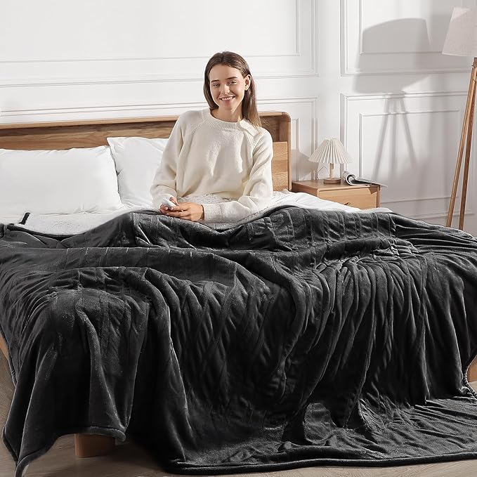 Electric Blanket Queen Heated Blanket - Heating Blanket Queen Size Soft Plush Sherpa with Dual Controllers, 5 Heating Level & 10 Hour Auto Off, ETL Certified, Warm Gifts for Grandma(Charcoal Grey)