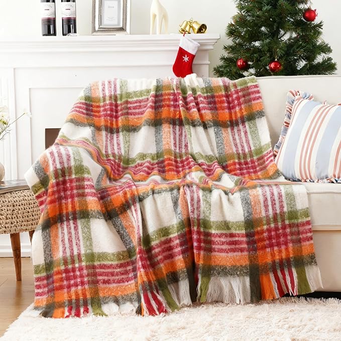 BATTILO Christmas Red Plaid Throw Blanket for Couch Bed, Soft Mohair Tartan Plaid Blanket, Farmhouse Style Checkered Pattern, Red Green Throw Blankets for Home Decor(50"x60")