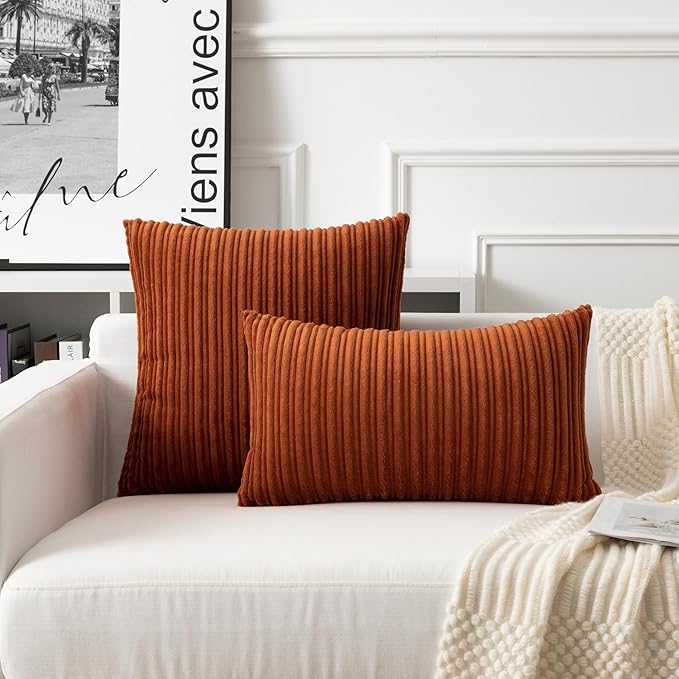 UGASA 14x20 Inch Pillow Cover Pack of 1 Soft Boho Stripe Corduroy Long Rectangle Lumbar Cushion Case Farmhouse Decorative Throw Pilowcase for Bed, Couch, Sofa, Bedroom, Living Room, Burnt Orange