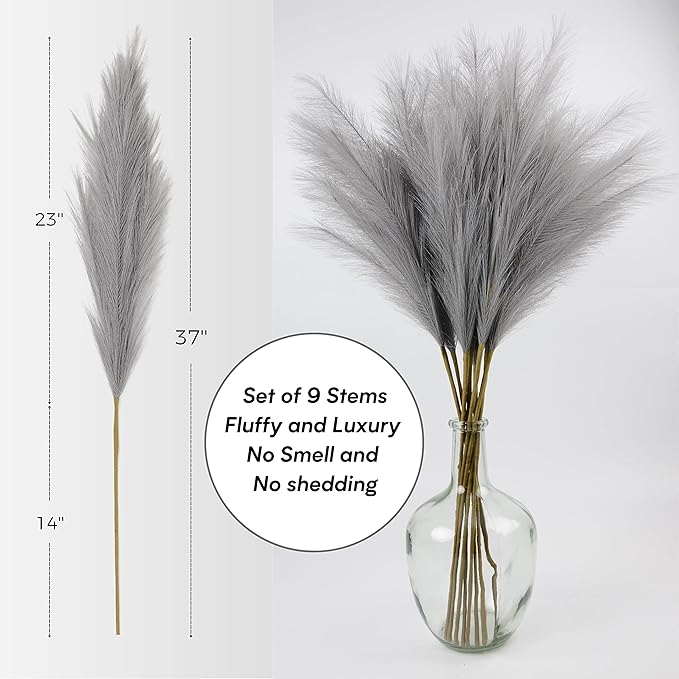 Faux Pampas Grass, Set of 9 Stems 37'' Tall Fluffy Fake Pompas Floral, Large Artificial Pompous Branches for Floor Vase Fillers, Pompas Decorativas, Boho Farmhouse Wedding Home Decor(Grey)