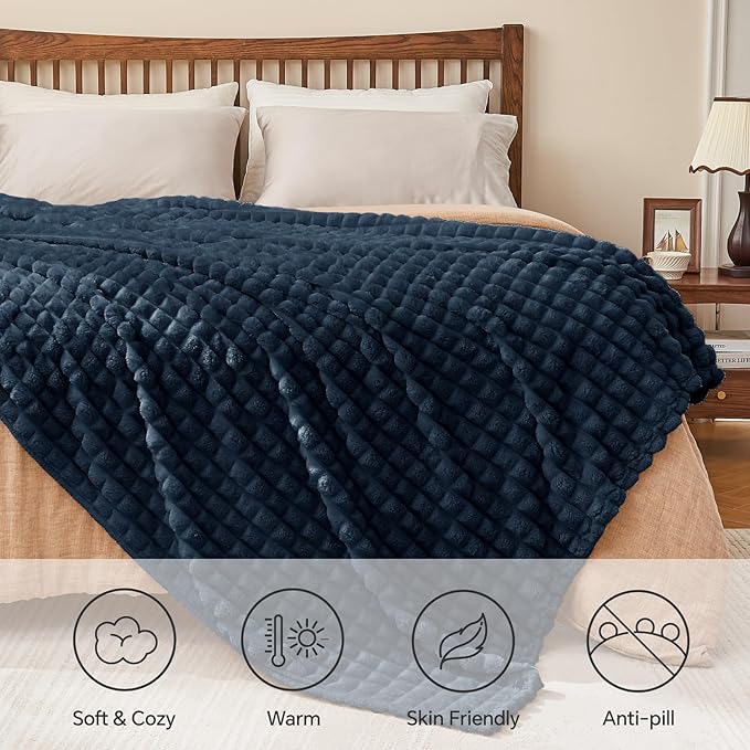 BEDELITE Updated Navy Throw Blanket for Couch and Bed- Super Soft and Warm 3D Checkered Fluffy Fuzzy Fleece Blanket, Luxurious Plush Cozy Blanket for Room Decor Spring, 50x60 inches