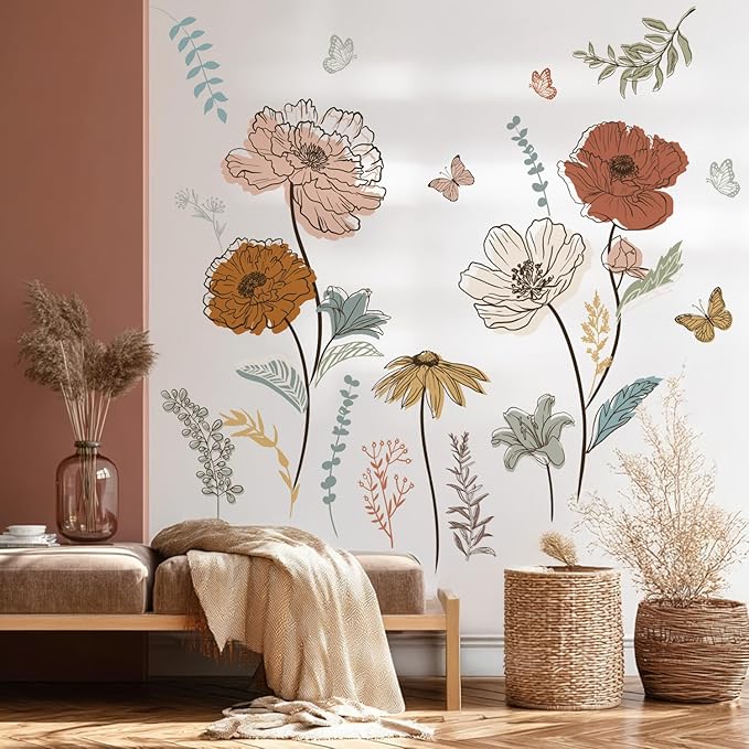 Large Boho Flower Wall Decals, Floral Grass and Butterfly Wall Stickers for Bedroom Living Room Decor Gifts for Mom