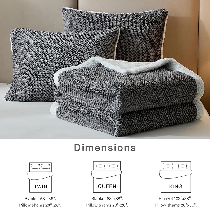 Luxury Flannel Fleece Sherpa Blankets Twin Size for Bed, Jacquard Boho 3-Layer Thick and Warm Blanket for Winter, Soft Cozy Fuzzy Plush Velvet Blanket with 2 Pillow Cases, Grey, 68x86 Inches