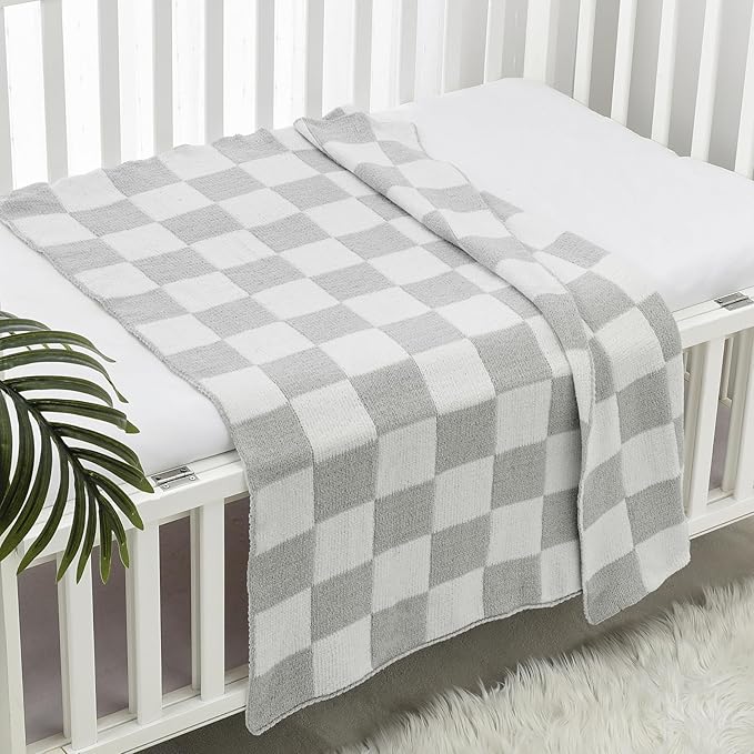 CREVENT 2Pcs 30''X40'' Cute Cozy Fluffy Warm Baby Blankets for Infants Toddlers' Bedding Crib Cot Stroller - Grey Cloud + Knit Checked Grey