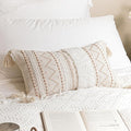 BlissBlush 12x20 Lumbar Pillow Cover, Cream Neutral Beige Rectangular Decorative Cushion Cover, Boho Accent Pillowcase with Tufted Details and Tassels for Couch Sofa Living Room (Cover Only)