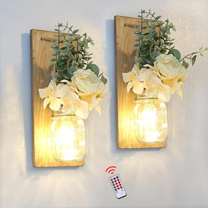 Besuerte Wall Hangings for Living Room, Rustic Home Decor, Farmhouse Bedroom Decor, Wall Decor Living Room with Led Fairy Lights & Rose Flowers, Wall Art Set of 2, XL Jacobean