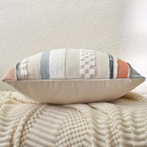 Aeckself Boho Throw Pillow Covers 18x18 Inch Set of 2, Farmhouse Decorative Striped Square Pillow Covers Chenille Tufted Pillow Cases Accent Neutral Pillowcase for Living Room Couch Bed, Orange Blue