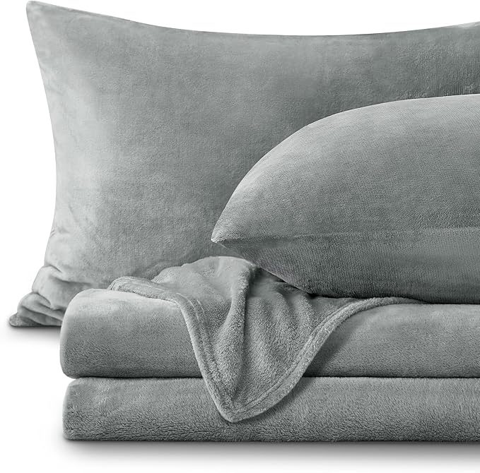 BEDELITE Flannel Sheets King Size Grey - Super Soft Fleece Sheets Set Fluffy Extra Plush, 4 Piece(Include Fitted Sheet, Flat Sheet, 2 Pillowcases)