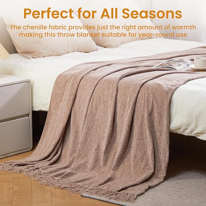 Light Taupe Chenille Throw Blanket for Couch Bed，Soft Cozy Throw Blanket with Handmade Fringe, Decorative Blanket for Sofa Chair Living Room for Gift (Light Taupe,60 x 80)