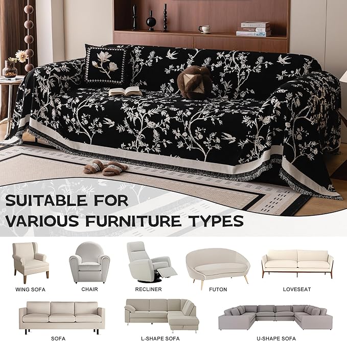 HANDONTIME Couch Cover for Dogs Washable Bird Floral Pattern Slipcovers for Couches and Sofas Black Sofa Covers with White Jacquard Flower Chenille Couch Cover Blanket Pet Friendly, 71" X 150"