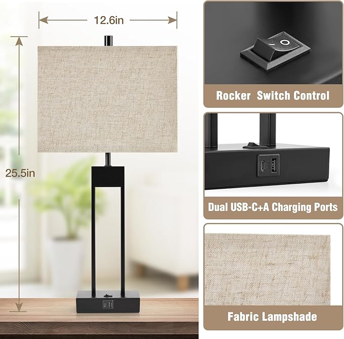 Extra Large 25.5" Nightstand Table Lamps for Bedrooms Set of 2, Bedside Lamp with USB C+A, Colors Changeable Living Room Lamps for End Tables, Modern Night Stand Lamps for Bed Side Office Reading