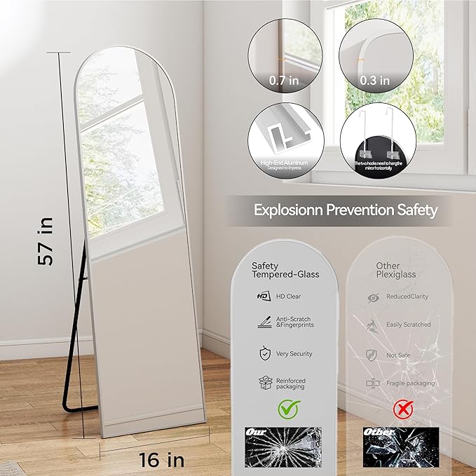 57x16 Door Hanging Full Length Mirror, Floor Stand (Height 5.7ft just Body in1.3ft) / Wall Mounted Metal Frame Arch Dressing Mirrors for Bedroom Living Room 57 inch Silver