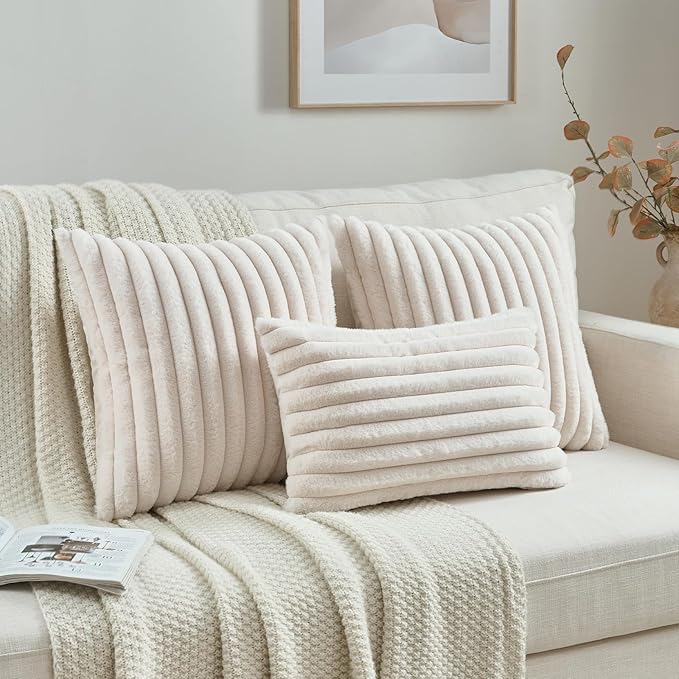 FUTEI Light Beige Decorative Throw Pillow Covers Set of 2, 12x20 Inch Soft Fluffy Faux Fur Plush Striped Lumbar Pillowcases, Modern Home Decor for Couch Bed Living Room