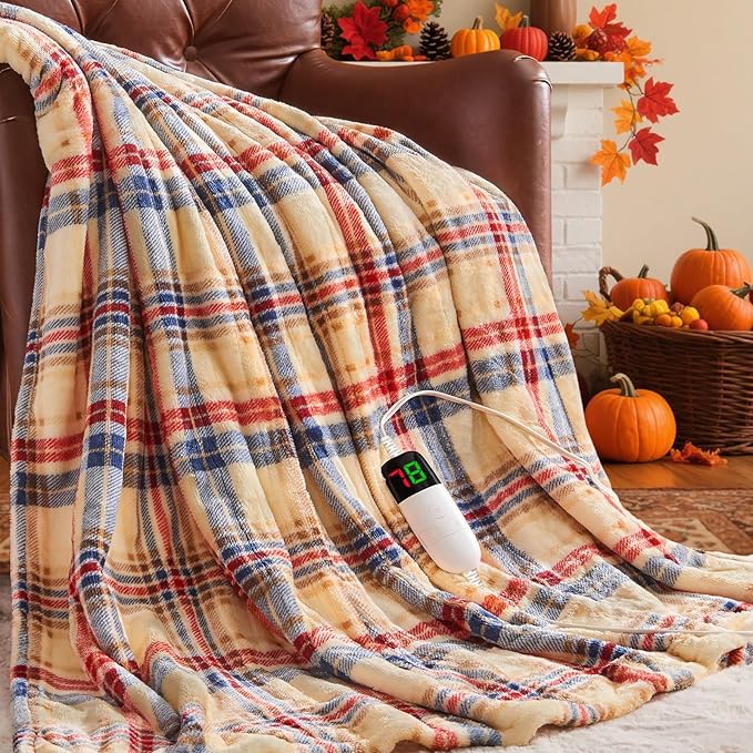 OCTROT Heated Blanket Electric, Twin Size 62X84, Heating Blanket with 10 Heating Levels & 8 Hours Auto Off, Checkered Plaid Sherpa Blankets Warmer for Adults, Fast Heating and Washable, in Brown