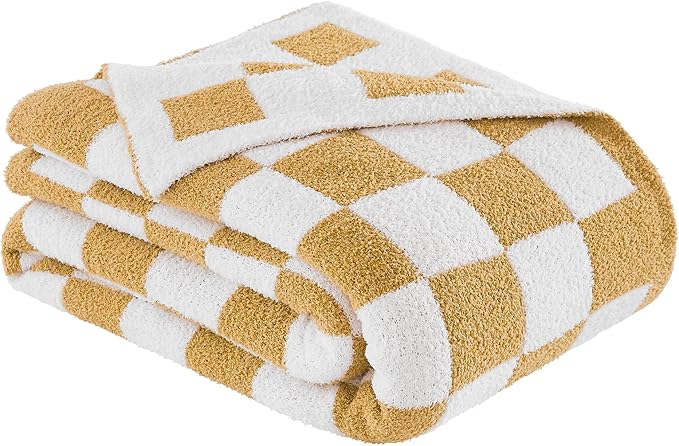 Checkered Throw Blanket, Khaki Soft Cozy Fluffy Knitted Throw Blankets for Couch, Sofa, Bed, Chair, Warm Fuzzy Travel Picnic Lightweight Plaid Blanket, 50x70 inches