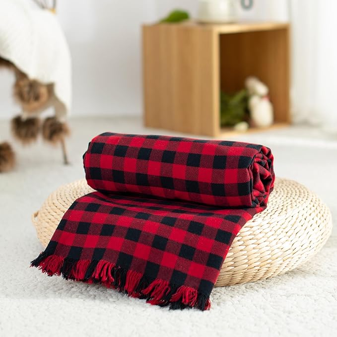 100% Cotton Throw Blanket Plaid Soft Lightweight Cozy Farmhouse Tassels Summer Thin Breathable Throws for Couch Sofa Bed (50" × 60" Red/Black)