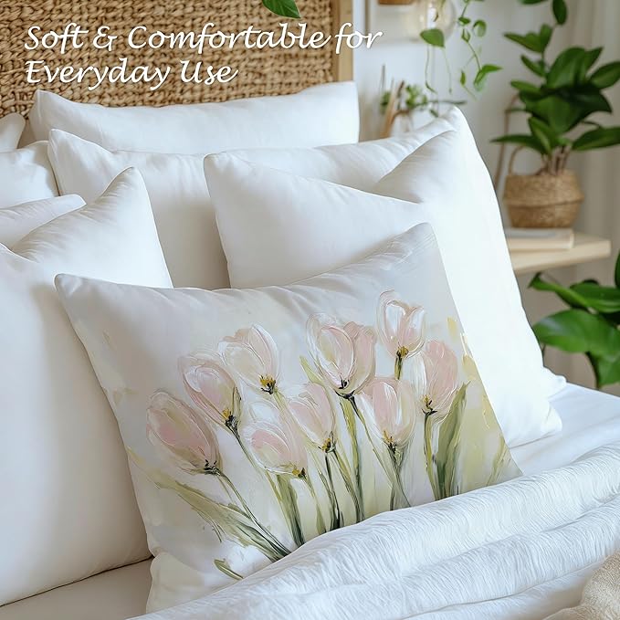 Vintage Pastel Tulip Floral Lumbar Pillow Cover 12x20 Double-Sided, Farmhouse Spring Decor, Abstract Floral Botanical Decorative Throw Pillow Cover for Living Room Home Bedroom