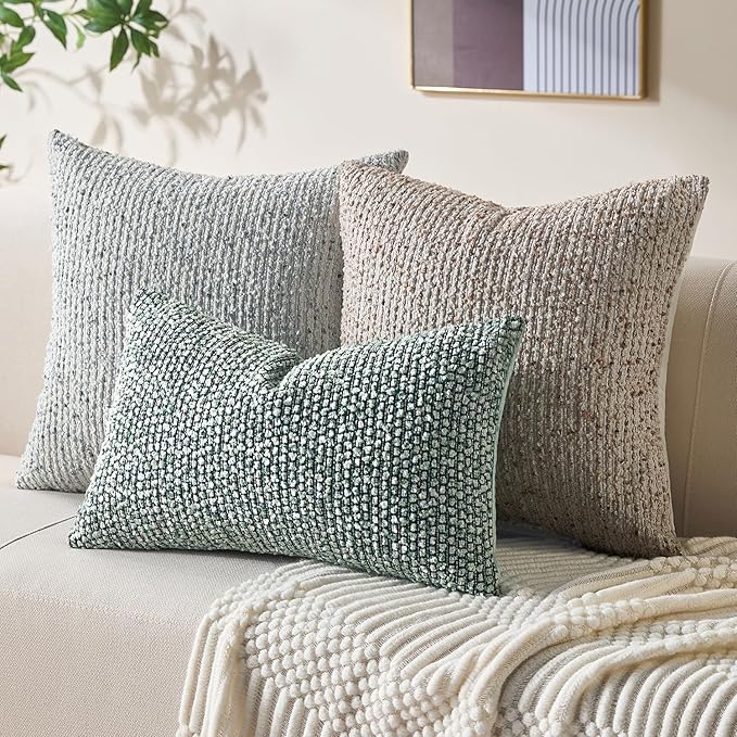 Allorry Decorative Lumbar Pillow Cover 12x20 Green Striped Soft Wool Lumbar Throw Pillow Neutral Textured Boho Cushion Covers for Modern Farmhouse Sofa Bedroom Living Room Decor SY011-D12
