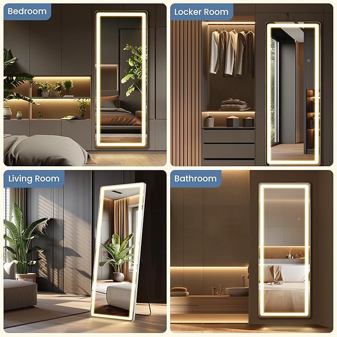 DUMOS LED Full Length Mirror, 26"×70" Floor Standing Mirror with 3 Color Lights & Wall Mounted for Bedroom, Dressing Room, Living Room, Bathroom
