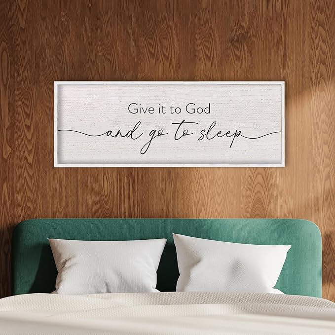 LuZhiQiang Catholic Wall Decor 40"×15" Give It To God And Go To Sleep Sign for Master Bedroom Above Over Bed Religious Faith Home Art Rustic Large Wood Framed Hanging (White)