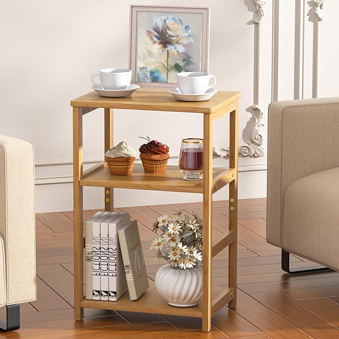 VASMIA End Table, 3-Tier Side Table with Storage Shelf, Bamboo Nightstand Bedside Table for Small Spaces, Bedroom, Living Room,Natural
