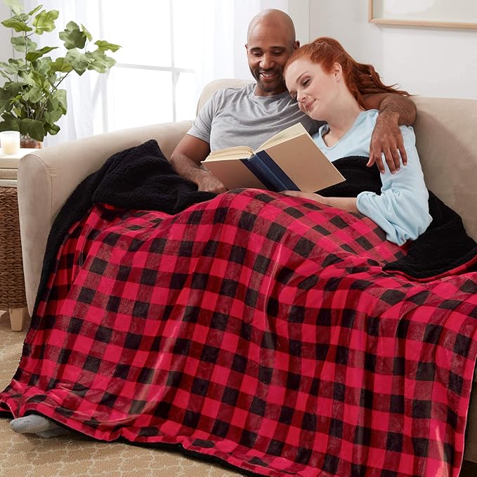 Genteele Sherpa Throw Blanket Super Soft Reversible Ultra Luxurious Plush Blanket, 50 x 60 inches, Buffalo Check Red/Black