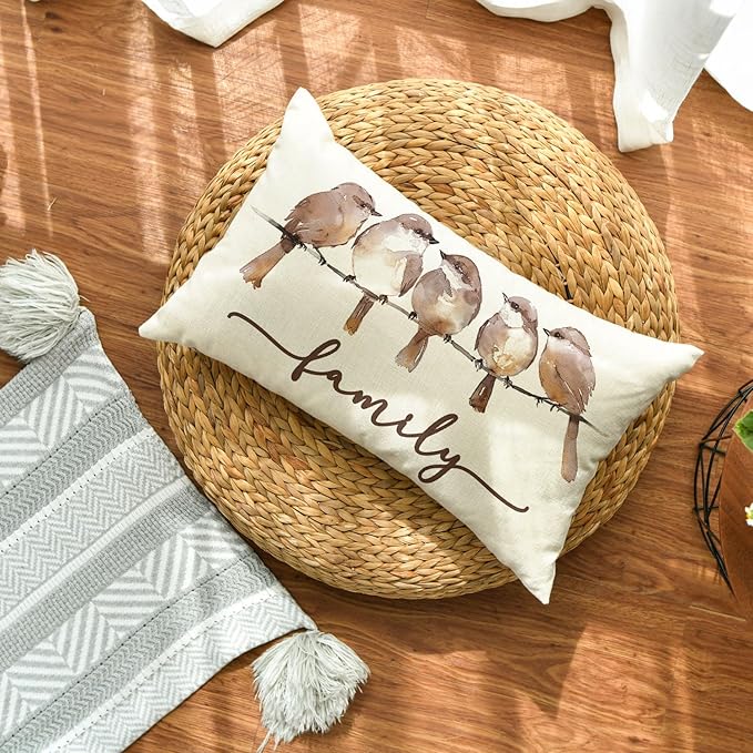 AVOIN colorlife Home Sweet Home Brownbird Family Watercolor Throw Pillow Cover, 12 x 20 Inch Fall Brown Cushion Case Decoration for Sofa Couch