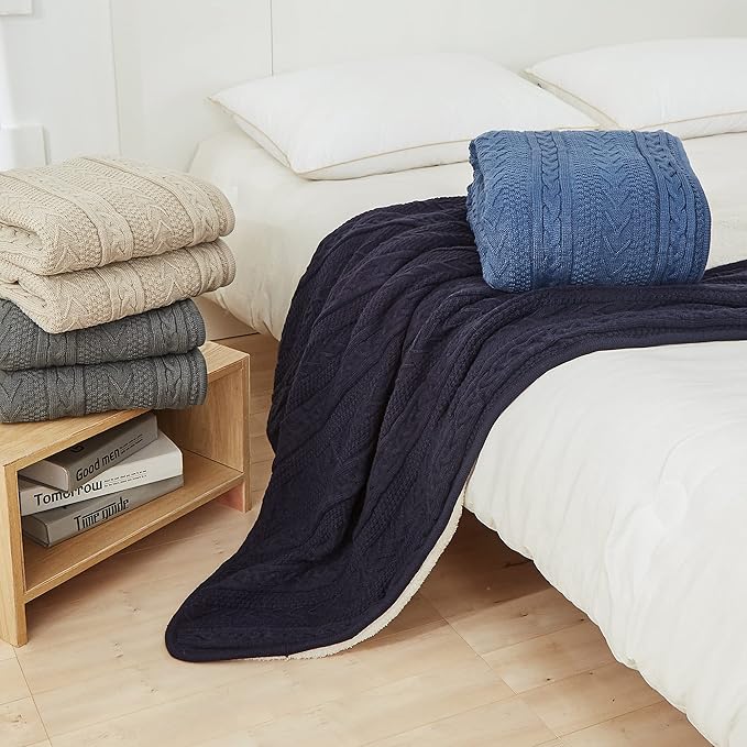Longhui bedding Acrylic Cable Knit Sherpa Throw Blanket - Thick, Soft, Big, Cozy Navy Knitted Fleece Blankets for Couch, Sofa, Bed - Large 50 x 63 Inches Navy Blue Coverlet All Season
