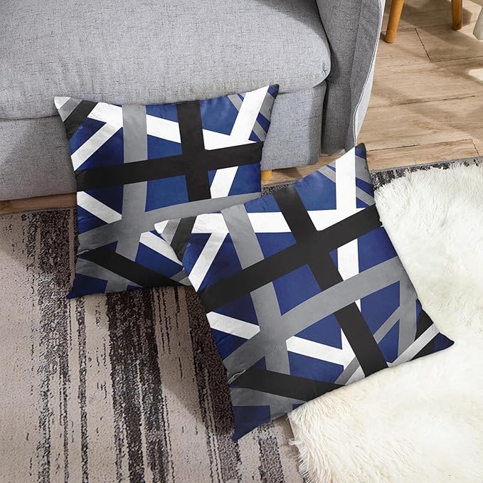 Emvency Set of 2 Throw Pillow Cover Blue Black Stripes Grey White Design Retro Decorative Pillow Case Striped Home Decor Square 16x16 Inch Cushion Pillowcase