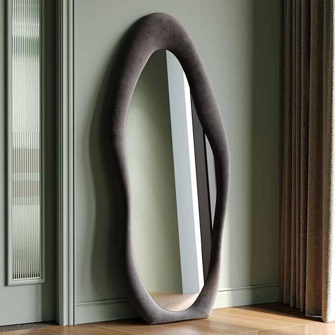 Honyee Full Length Mirror, 63" x 24" Wall Mirror, Flannel Wrapped Wooden Frame Full Body Mirror, Irregular Wavy Mirror Hanging or Leaning Against Wall for Cloakroom/Bedroom/Living Room, Grey