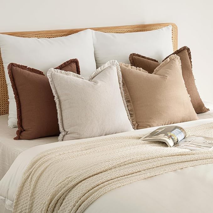 MIULEE Decorative Couch Pillow Covers Neutral Linen Fringe Throw Pillows Set of 4 Accent Rustic Cushions Boho Farmhouse Pillowcases for Bed Sofa Living Room Spring Home Decor 20x20 Inch Beige/Brown