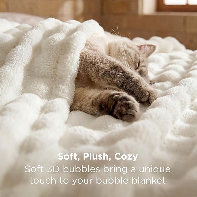 Bedsure 3D Fleece Bubble Blanket - GentleSoft White King Blanket for Bed Sofa Room Decor - Luxury Soft Cozy Gifts for Women, Lightweight, All Seasons, Off White, 108"×90"