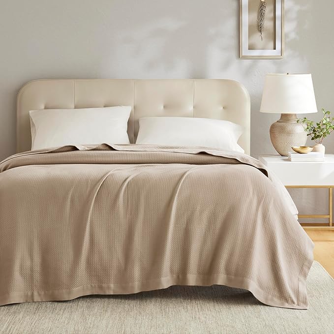 Madison Park 100% Egyptian Cotton Lightweight Summer Blanket, Breathable Waffle Knit Design, Soft Cozy All-Season Throw for Bed, Couch or Sofa, Khaki Full/Queen Size (90"x90")