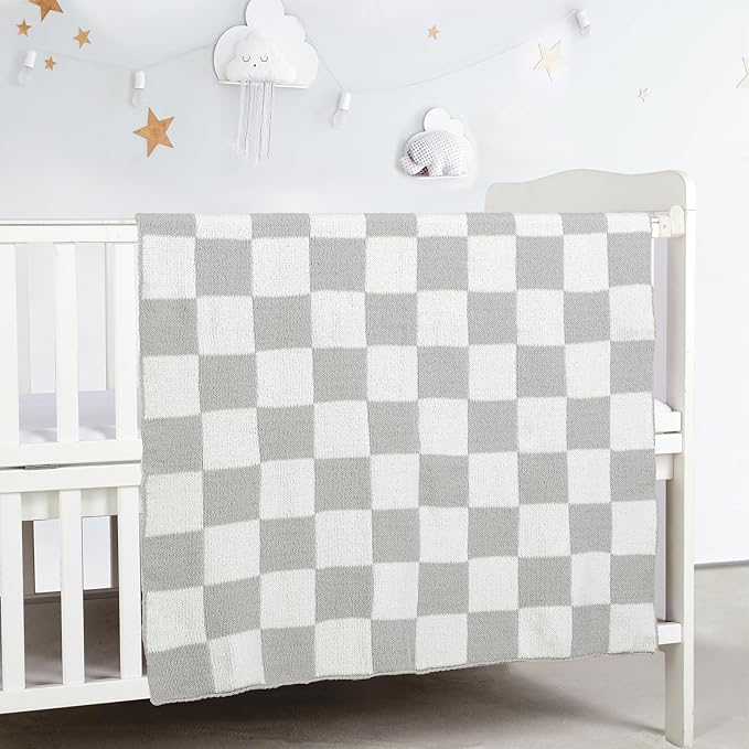CREVENT 2Pcs 30''X40'' Cute Cozy Fluffy Warm Baby Blankets for Infants Toddlers' Bedding Crib Cot Stroller - Grey Cloud + Knit Checked Grey