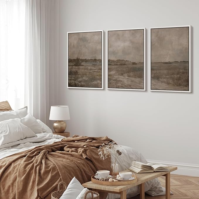 MUDECOR Framed Wall Art Print Set Vintage Neutral Countryside Landscape Rustic Field Path and Distant Trees Illustrations Modern Art Boho Decorative for Living Room, Bedroom, Office - 16"x24"x3 WHITE