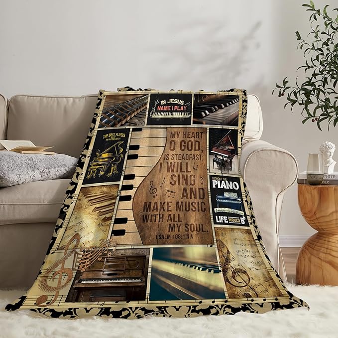 Vintage Piano Blanket Music Throw Blankets Decor Stuff Cozy Flannel Fleece Soft Plush Fuzzy Warm Lightweight Bedding Gifts for Women Girls Kids 60"X50"