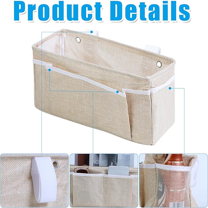 Bedside Caddy Bedside Storage Organizer, 2 Pack Wall Hanging Storage Bag for Bunk bed Hospital Beds Dorm Bed Rails, Holders Books Glasses Phones Magazine(Beige)