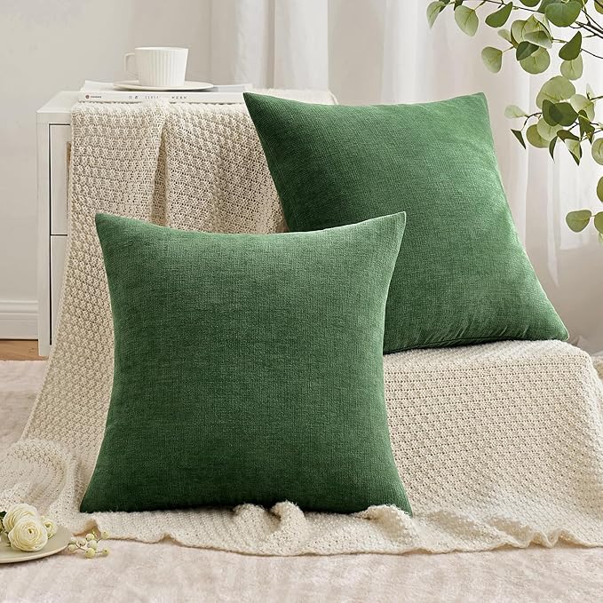 MIULEE Moss Green Couch Pillow Covers 18x18 Inch, Set of 2 Soft Chenille Decorative Square Throw Pillow Covers Farmhouse for Sofa Living Room Bed