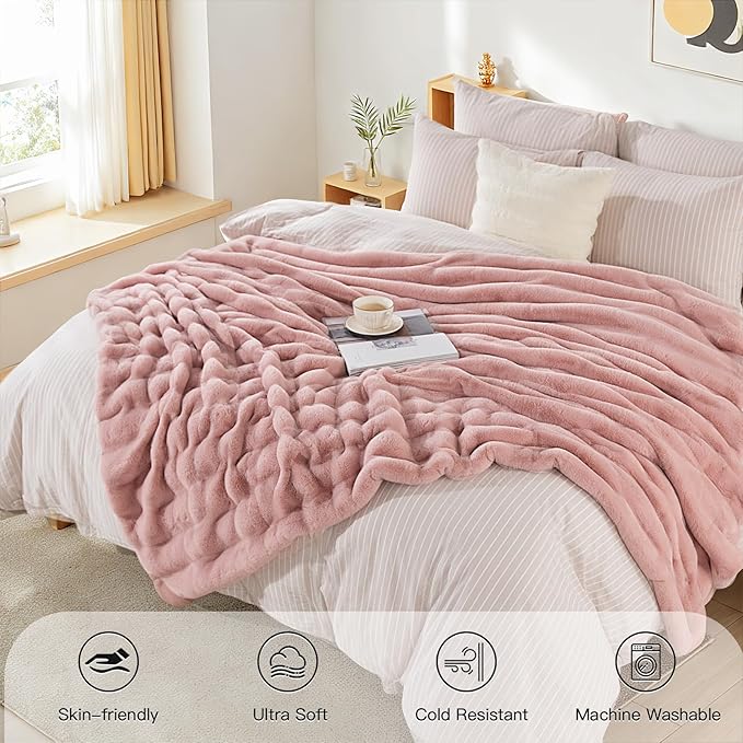 NEXHOME PRO Faux Fur Throw Blanket Pink, Luxury Soft Decorative Cozy Plush Long Shaggy Fluffy Blanket for Sofa Couch Bed Living Room, Reversible Puffy Thick Warm Blanket for Winter, 60"X80"