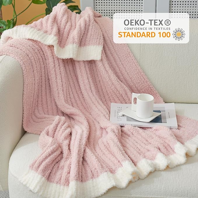 Snuggle Sac Pink Ribbed Queen Size Blanket for Bed, Soft Luxurious Bedding Blankets, Large Fuzzy Plush Microfiber Blankets Pink, 90x90 inches