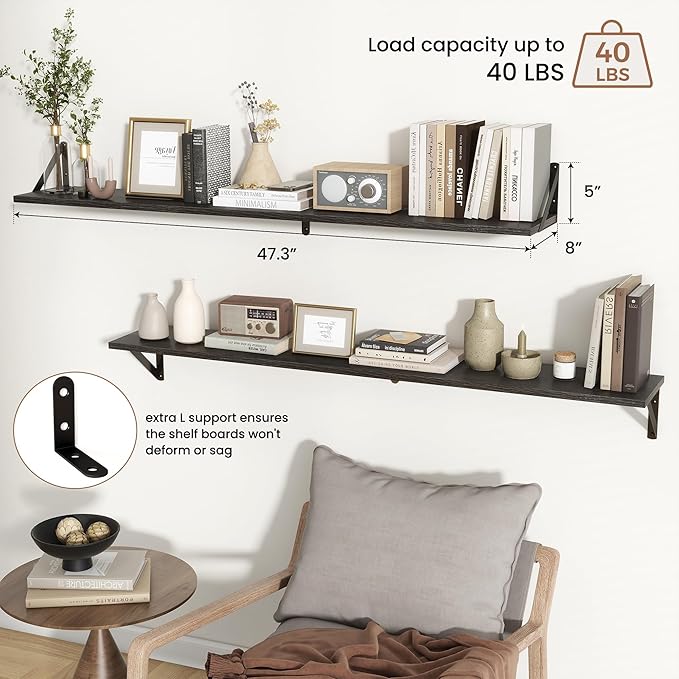 Axeman 48 Inch Floating Shelves | 8 Inch Deep Black Wall Shelves Set of 2 | 47.3" W x 8" D Rustic Black Wood Shelves for Bathroom Kitchen Living Room