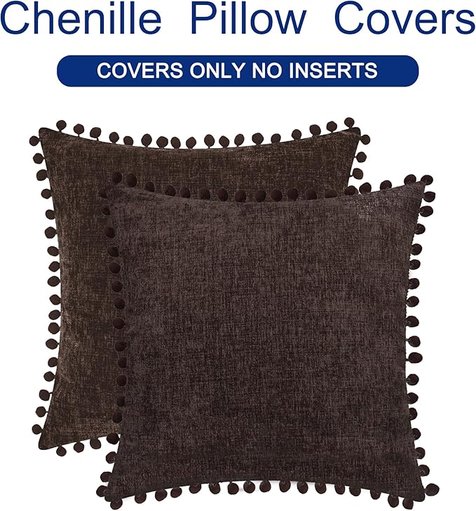 CaliTime Throw Pillow Covers Decorative 20 X 20 Inches Pack of 2 Cozy Solid Dyed Soft Chenille Cushion Cases with Pom Poms for Couch Sofa Bed Living Room Home Coffee