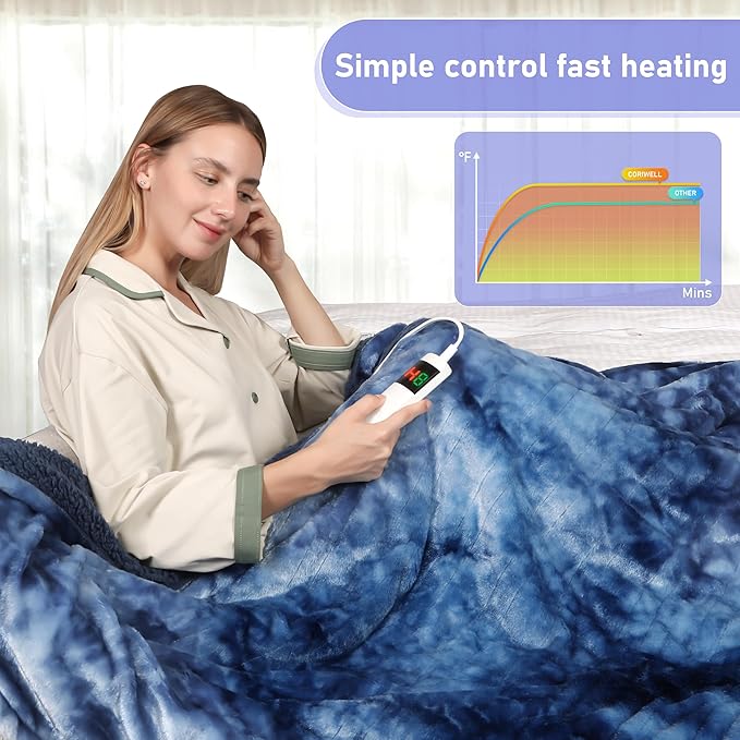 Electric Heated Blanket Throw 50''x60''Size Faux Fur Heating Blanket 10 Heating Settings, 1-8h Timer & Overheat Protection, Machine Washable, Soft Flannel and Sherpa Full Body Warmth