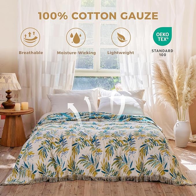 Boho Throw Blanket for Couch Sofa Chair Cotton Spring Blankets for Bedroom Living Room All Season Soft Lightweight Reversible Leaves Embroidery Decorative Throws 50"x60" Home Decor