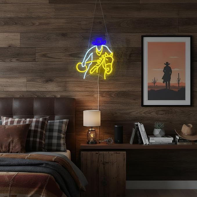 Cowboy Horse Riding Neon Sign for Wall Decor, Western Dimmable LED Wall Light for Man Cave, Bar, Pub, Game Room, or Garage, Cool Art Gift for Men, 15 x 13 inch