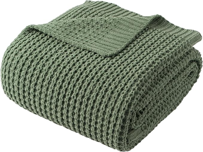 Bunnikins & Clover Knitted Waffle Throw Blanket 50x60 Inches, Sage Green Throw Blanket for Couch, Soft Cozy Chenille Knit Blanket Warm Decorative Throw for Sofa