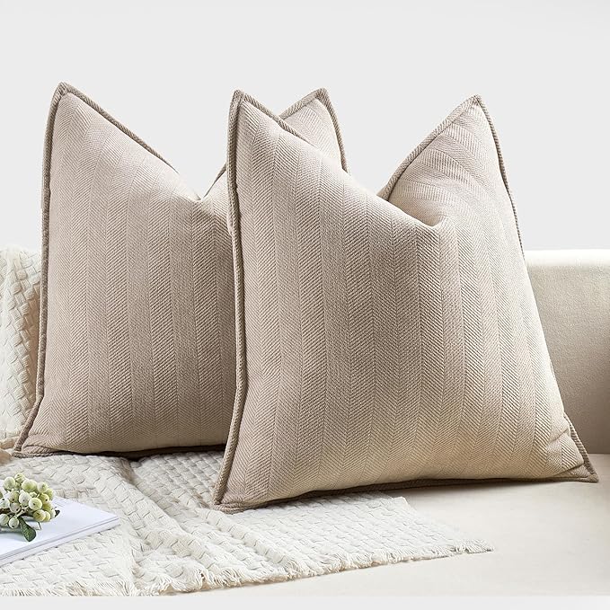MIULEE Pack of 2 Beige Decorative Pillow Covers 16x16 Inch Soft Chenille Luxurious Couch Throw Pillows Farmhouse Cushion Covers with Elegant Design for Sofa Bedroom Living Room Spring Home Decor