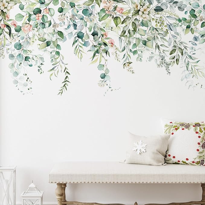 Zonon Flowers Wall Decals Stickers Vinyl Removable Peel and Stick Colorful Dragonflies Floral Wall Murals Decor for Bedroom Living Room Nursery(Greenery)