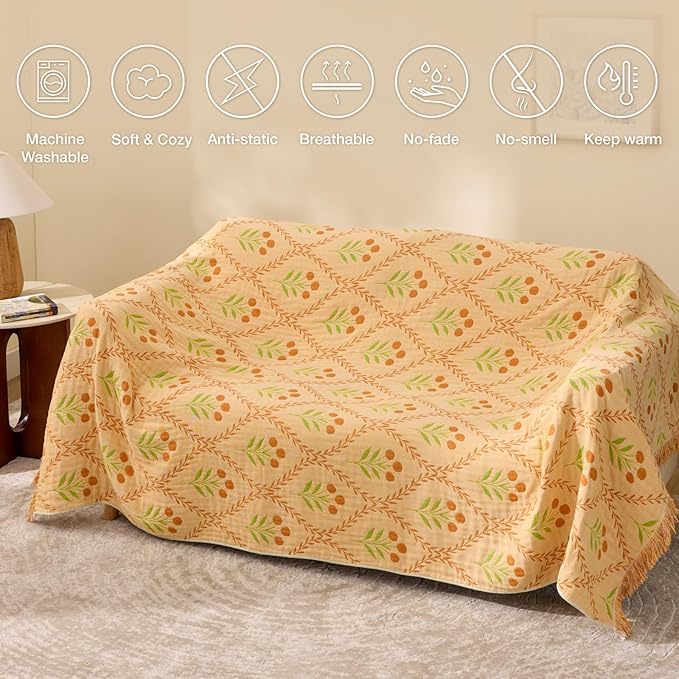 100% Cotton Boho Throw Blanket for Home Decor – Classic Farmhouse Quilt Bedding, Muslin Blankets for Adults, Vintage Woven Decorative Blanket for Couch, Bed Layering Use, Vintage Floral, 60"x80"