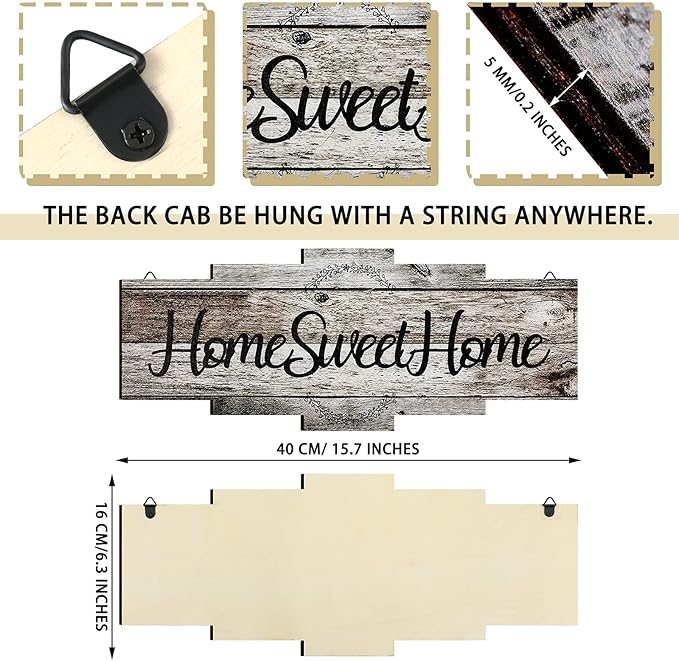 Jetec Home Sweet Home Sign, Rustic Wood Room Wall Decor, Farmhouse Plaque Wall Hanging Wooden Sign for Bedroom, Living Room, Wedding Decor(Gray)